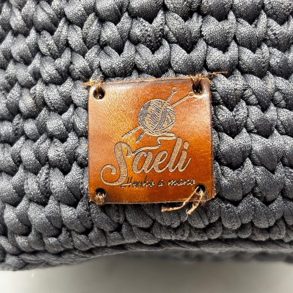 Saeli Handmade Crochet Bucket Bag Charcoal Gray Drawstring Satin Lined Beaded - Picture 8 of 13